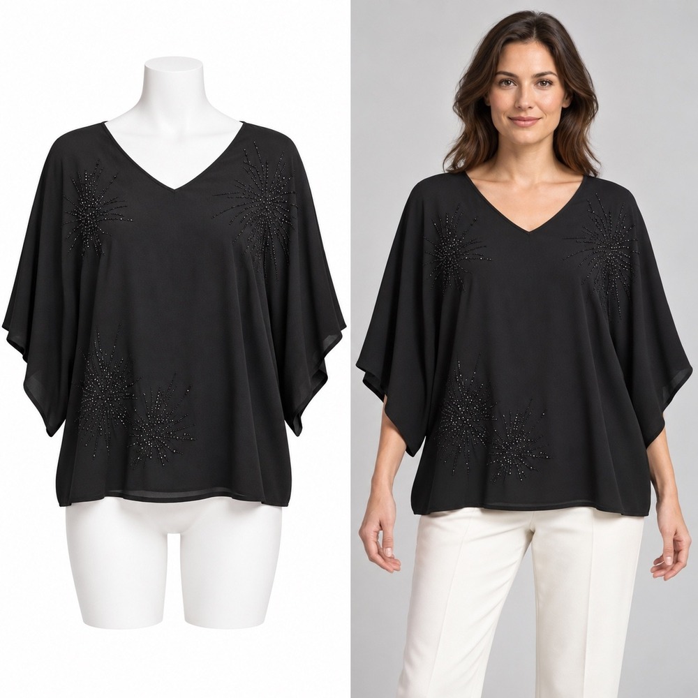 Chicos Blouse Size Large 2 Black Beaded Starburst V-Neck Dolman Sleeve Oversized